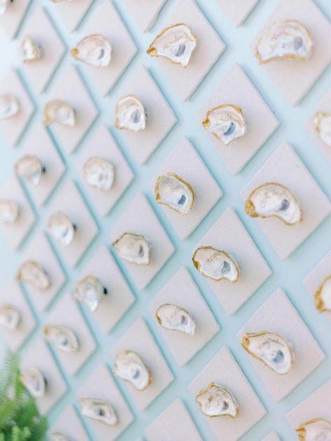 Cape Cod Wedding Seating Chart, Oyster Seating Chart Wedding, Oyster Shell Seating Chart, Coastal Wedding Details, Oyster Seating Chart, Beach Wedding Reception Decorations, Beach Seating Chart, Beach Wedding Seating Chart, Coastal Chic Wedding