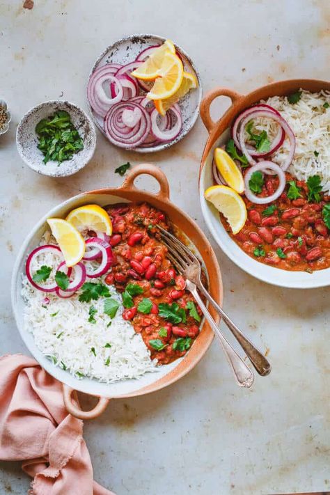 Easy Rajma Chawal - Kidney Beans Rice Quick Soak Beans, Kidney Beans And Rice, Rajma Chawal, Kidney Bean Curry, Rajma Masala, Vegan Tikka Masala, Punjabi Cuisine, Instant Pot Recipes Vegetarian, Beans Curry