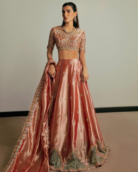 Shining Lehenga, Fair Skin Outfits, Tissue Lengha, Engagement Lengha, Tissue Lehenga, Heavy Lehenga, Fashion Design Books, Indian Lehenga Choli, Indian Outfits Lehenga