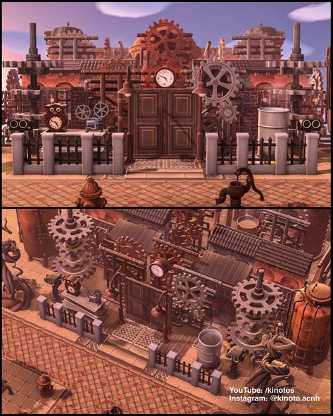 Steampunk Animal Crossing Island, Dark Academia Acnh Island Entrance, Entrance Design Acnh, Acnh Academia Entrance, Steampunk Acnh Island, Acnh Steampunk Design, Acnh Entrance Town, Steampunk Animal Crossing, Acnh Factory