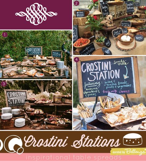 Crostini Bar Build Your Own, Crostini Station, Wedding Stations, Crostini Bar, Fall Rustic Wedding Ideas, Colorful Wedding Reception, Easter Dirt Cake, Crostini Toppings, Fall Rustic Wedding