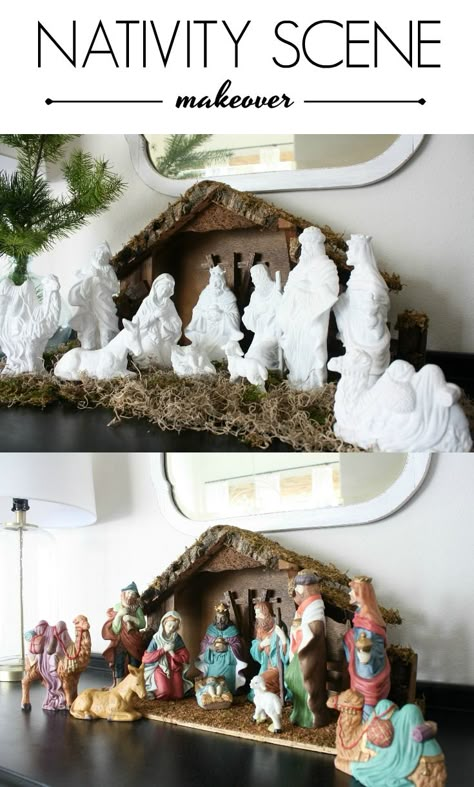 Love this make-over, but do I really want to paint my nativity? Diy Navity Scene, White Nativity Set Display, Painting Nativity Scene, How To Decorate Nativity Scene, Small Nativity Scene Display, Spray Paint Nativity Set, White Nativity Scene Display, Nativity Scenes, Painted Nativity Scene