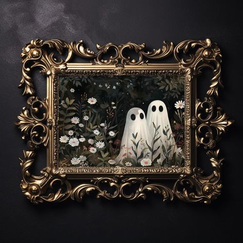 Two Cute Ghosts in Flower Woods Print, Romantic Dark Academia, Moody Cottagecore Spooky Decor Vintage Poster, Gothic Painting Haunting Ghost - Etsy Moody Picture Frames, Psychic Room Decor, Antique Gothic Furniture, Vintage Gold Home Decor, Nature Goth Decor, Dark Academia Coffee Table Decor, Mid Century Modern Gothic Decor, Spooky Porch Decor, Moody Romantic Home Decor