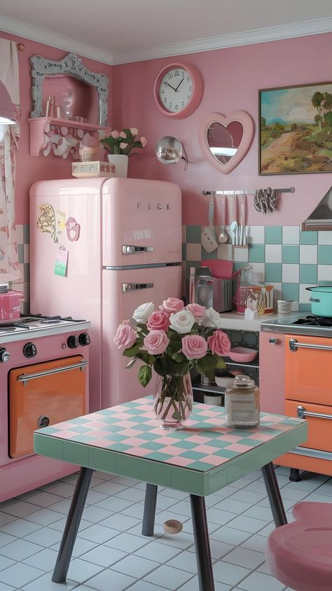 70s Kitchen Aesthetic, Retro Home Decor 1950s, Pink Kitchen Aesthetic, Fun Apartment Decor, Kitschy Aesthetic, Sims 4 Apartment, Kitchen Vision Board, Girly Kitchen, Word Decoration