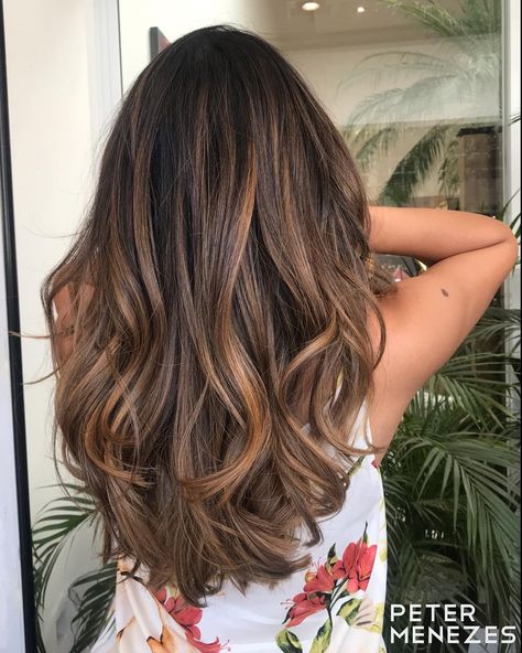 Espresso Brown Hair with Cinnamon Highlights Brown Hair With Brassy Highlights, Honey Color Highlights, Honey Colored Highlights, Warm Brunette Hair Color With Highlights, Subtle Honey Highlights, Warm Brown Hair Balayage, Brunnete Balayage Brunettes, Honey Lowlights, Brunnete Hair Ideas Colour