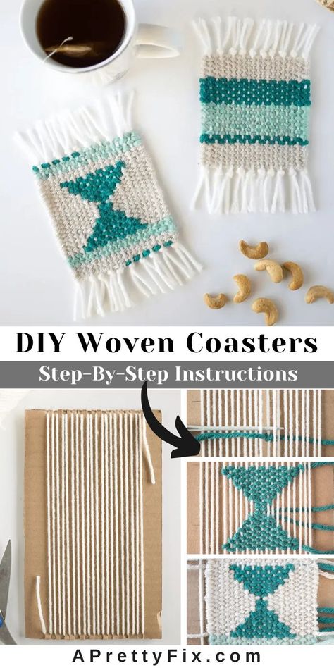 DIY woven coasters tutorial for beginners. #diy #coasters #woven Small Weaving Projects Ideas, Doodle Weaving, Woven Coasters, Finger Weaving, Weaving Loom Diy, Weaving Loom Projects, Weaving Tutorial, Diy Weaving, Diy Coasters