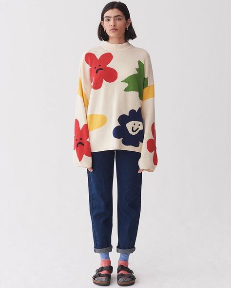 Oversized Knitted Jumper, Colour Contrast, Lazy Oaf, Quirky Fashion, Knitted Flowers, Flower Bed, Jacquard Knit, 가을 패션, Knitted Jumper