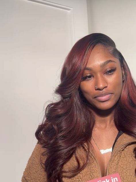 Side Part Sew In Burgundy Weave, Fall Color Bundles Hair, Balayage, Burgundy Microlinks, Burgundy Highlights On Black Hair Black Women, Dark Burgundy Wig Black Women, Middle Part Burgundy Sew In, Burgundy Natural Hair Black Women Dark Skin, Burgundy Brown Hair Color On Black Women