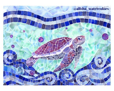 Watercolor Mosaic Painting, Pixelated Painting, Ocean Life Painting, Mosaic Sea Life, Mozaik Art, Turtle Mosaic, Watercolor Mosaic, Colorful Sea Turtle, Ocean Themed Rooms