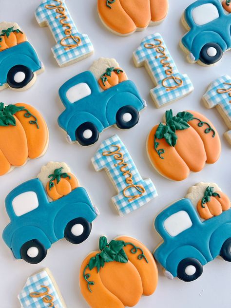 Celebrate your little boy's first birthday with our adorable pumpkin sugar cookies! Handcrafted with love and attention to detail, these charming treats are the perfect addition to your pumpkin-themed birthday celebration.  Each cookie is carefully designed to capture the essence of the season and the joy of this milestone. Made from high-quality ingredients, our sugar cookies not only look great but also taste delicious. Personalize number one cookies  and the retro blue pumpkin truck to make them even more special for your little one's big day. Whether you're hosting a pumpkin patch party or a fall-themed event, our first birthday pumpkin boy sugar cookies are sure to delight guests of all ages. This listing is for 1 dozen (12) sugar cookies. All my cookies are made to order,your cookies Fall 1st Birthday Cookies, Fall Harvest 1st Birthday Party, First Birthday Pumpkin Patch, Thanksgiving Themed 1st Birthday Party, October First Birthday Theme, Pumpkin Patch 2nd Birthday Party, Pumpkin Patch Cookies, Pumpkin Party Favors 1st Birthdays, One Year Old Pumpkin Birthday Party