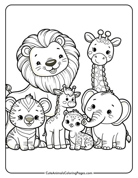 Cute cartoon animals coloring page featuring a lion, giraffe, elephant, leopard, and tiger, designed for children's coloring activities. Jungle Animals Painting, Jungle Animals Coloring Pages, Jungle Theme Painting, Safari Coloring Pages Free Printable, African Animals Preschool, Safari Animals Coloring Pages, Safari Coloring Pages, Animal Coloring Pages Free Printable, Jungle Animals Preschool