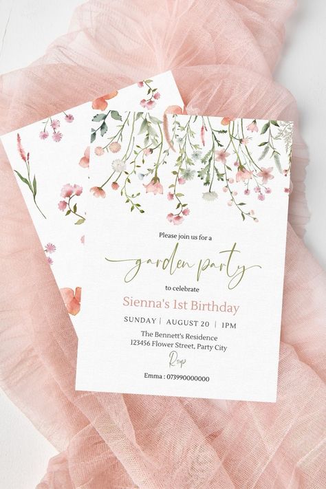 Spring Birthday Party: Garden Party – SeasonOverload Wildflower Birthday Party, Floral 1st Birthday, Wildflower Birthday, Spring Birthday Party, Garden Party Invitations, Flower Birthday Party, 1st Birthday Invite, Floral Birthday Party, Fairy Garden Party