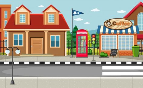 Street side scene with house and coffee ... | Free Vector #Freepik #freevector #house #phone #box #cartoon Outdoor Advertising Billboard, House Phone, Street Background, Box Cartoon, Road Markings, Transportation Poster, Happy Birthday Wallpaper, Cartoon House, Wooden Doors Interior