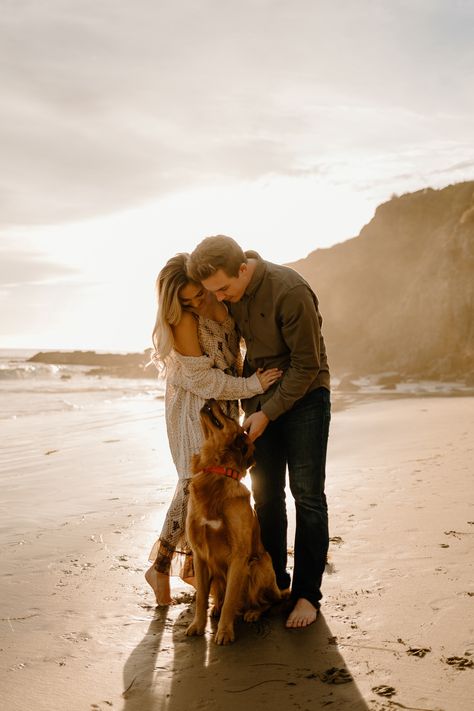 Pictures With Golden Retrievers, Couple And Dog Beach Photos, Engagement Photoshoot Ideas Beach With Dog, Dog Beach Engagement Photos, Beach With Dog Pictures, Couple Plus Dog Pictures, Beach Engagement Shoot With Dog, Family Beach Photos With Dog, Dog Beach Photography