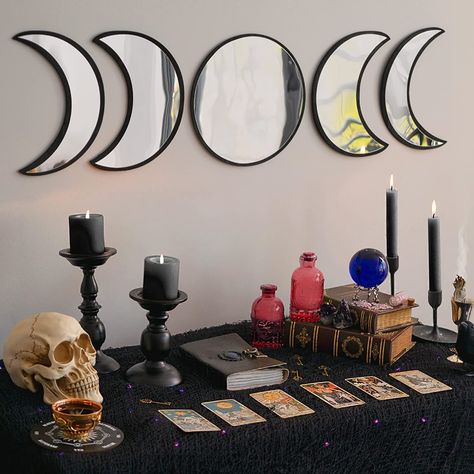 Puffy Nails, Black Magic Witch, Spooky Bedroom, Room Diys, Witch Bedrooms, Stick On Mirror, Nordic Aesthetic, Witchy Room, Moon Mirror