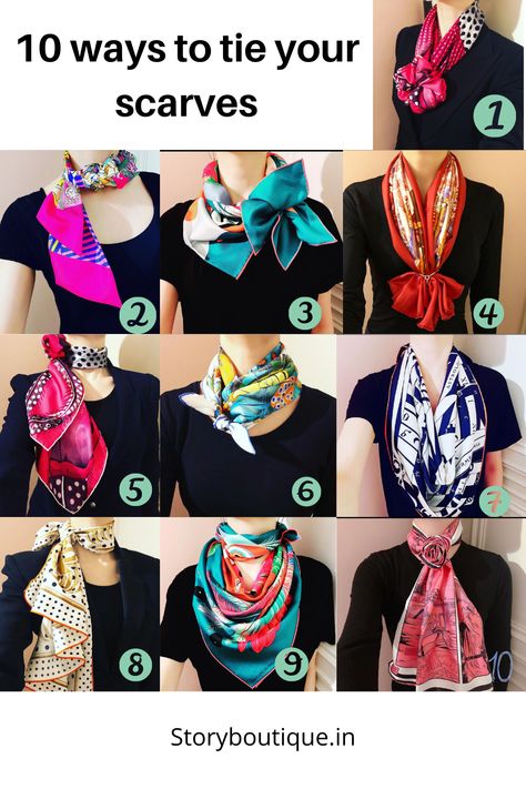 10 ways to tie scarves Office Scarf Outfit, Fall Seattle, Styling Scarf, Swimsuit Coverup Ideas, Scarf Outfit Summer, France Versailles, Folding Hacks, Realistic Fashion, Scarf Styling