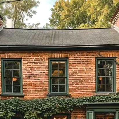 Katie Keller on Instagram: "I never tire of dark green against brick. #americanarchitecture #brickbuilding #domesticarchitecture" Dark Green Painted Brick House, Red Brick House Green Windows, Brick House Green Trim, Green Brick House, Red Brick Industrial House, Red Brick Green Windows, Red Brick Black Windows, Drayton House, Green Windows