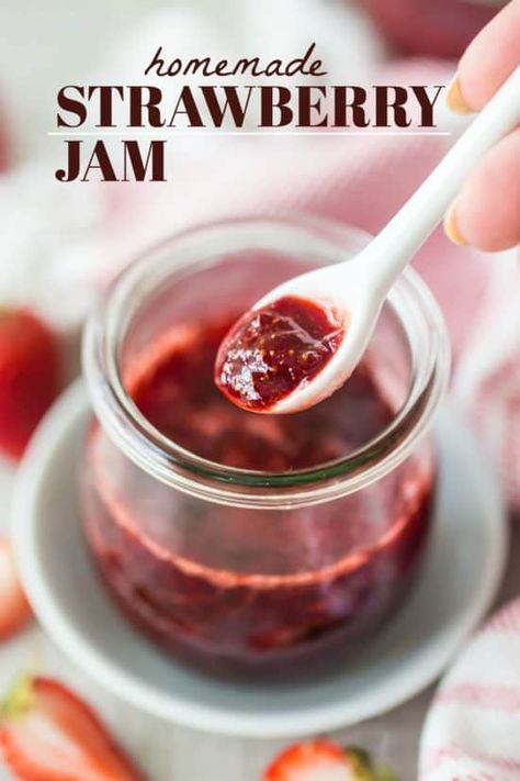 Homemade Strawberry Jam: only 3 ingredients & no pectin needed! I make this every summer after we go berry picking. #strawberry #jam #preserves #easy #recipe #canning #cute #withoutpectin #homemade #healthy #freezer #lowsugar #smallbatch #uses #variations #frozen #quick #canned #howtomake #best #dessert #cake #oldfashioned #refrigerator #vegan #fresh #DIY #jar #organic #breakfast #cooked #amish #3ingredient #gift #simple #summer #bakingamoment Strawberry Jam Recipe No Pectin, Easy Strawberry Jam Recipe, Jam Preserves, Easy Strawberry Jam, Balsamic Vinaigrette Recipe, Organic Breakfast, Strawberry Jam Recipe, Diy Jar, Homemade Strawberry Jam