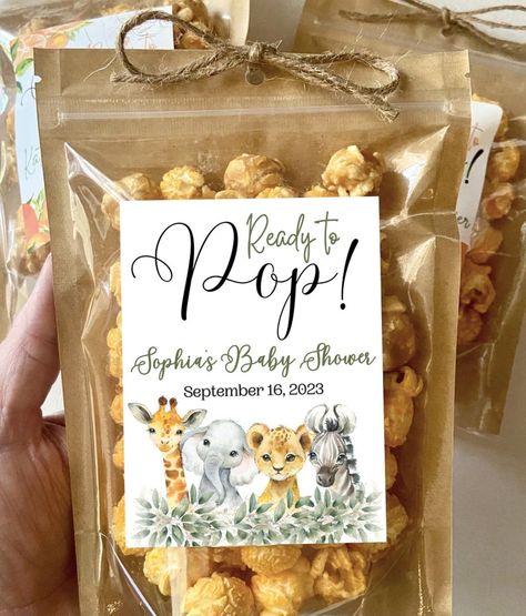 Safari Baby Shower Party Favors, Safari Themed Food, Jungle Baby Shower Favors, Popcorn Treat Bags, Baby Shower Goodie Bags, Safari Baby Shower Favors, Jungle Theme Party, Wild Baby Shower, Safari Baby Shower Boy