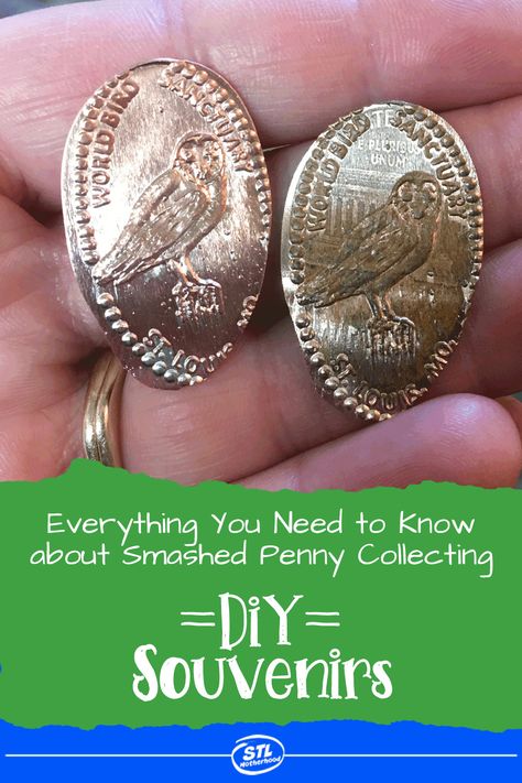 Everything you need to know about the cheapest, easiest--and super fun--souvenir your kids can collect this summer! SMASHED PENNIES  #Souvenir #penny Smashed Penny Display Ideas, Disney Penny Press Ideas Display, Souvenir Penny Display, Squished Penny Display, Pennies Crafts, Smashed Pennies, Penny Craft, Disney Coins Pressed Pennies, Diy Souvenirs