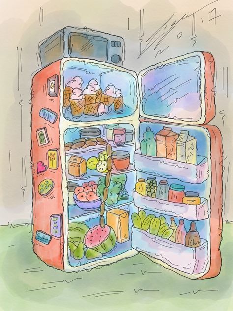 Inside Fridge Drawing, Inside Fridge Illustration, Fridge Reference Drawing, Open Fridge Drawing, Inside Of Fridge Drawing, Fridge Sketch, Fridge Illustration Art, Refrigerator Drawing, Open Fridge