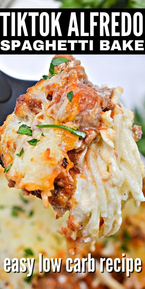 TikTok Alfredo Spaghetti Bake - Easy Keto Friendly Version Keto Alfredo Bake, Spaghetti And Alfredo Pasta, Spagetti And Alfredo Sauce, Keto Friendly Pasta Dishes, Low Carb Pasta Bake, Keto Baked Spaghetti, Low Carb Alfredo Bake, Healthy Spaghetti Bake, Keto Alfredo Recipes