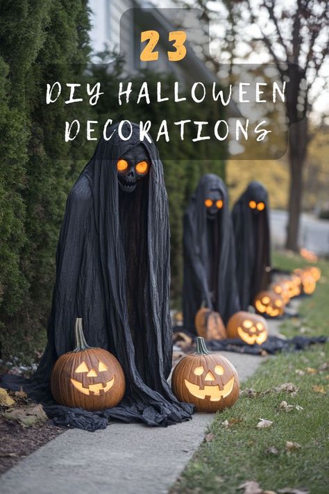 Looking for a haunting transformation? Click for DIY outdoor Halloween decor ideas that are fun, spooky, and sure to impress! 🎃👻 #YardTransformation #HalloweenDIY #SpookyDecor #HauntingIdeas #FunCrafts Halloween Spiderwebs On House, Quick And Easy Outdoor Halloween Decorations Outdoor, Outdoor Halloween Projection, Diy Ghoul Decoration, Haunted House Truck Or Treat, Halloween Decor Outdoor Ideas, Halloween Decorations Walkway, Spooky Diy Halloween Decor Outdoor, Spooky Cemetery Halloween Decorations