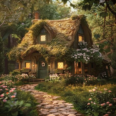 Fairy Cabin Aesthetic, Mystical Cottage In The Forest, Cute Cottage In Forest, Cozy Witch Cottage, Magical Cabin In The Woods, Forest Cottage Exterior, Witch Cottage House, House In Nature Aesthetic, Aesthetic Tree House