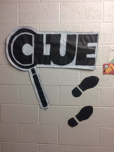 Clue Wall Dec for college hallway decorations. Went well with my "board game" theme! RA Res Life Trouble Game Decorations, Clue Board Game Party Decorations, Clue Themed School Hallway, Clue Game Homecoming Float, Clue Game Bulletin Board Ideas, Clue Hoco Theme, Clue Themed Decorations, Clue Game Bulletin Board, Board Game Themed Crafts