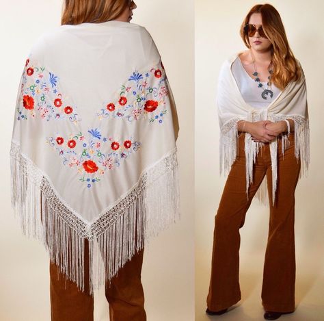 ~Channel your inner Stevie nicks and twirl all night in this classic fringe ~floral embroidered shawl! ~Authentic vintage, 1970s ~Polyester ~Floral embroidered ~Good pre-loved vintage condition! Some natural signs of wear from age but overall has held up nicely ! Best fits women's small -medium 70s Shawl Outfit, 70s Inspired Outfits, Shawl Outfit, Oc Outfits, Embroidered Shawl, 70s Inspired Fashion, Fringe Kimono, 70s Outfits, 1970s Fashion