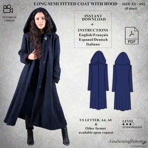 "PDF Digital sewing pattern for LOOMYS coat Enhance your closet with our LOOMYS sewing pattern for an enchanting long coat. Achieving a harmonious blend of semi-fitted, flared aesthetics, this design goes beyond mere style - the inclusion of a hood and thoughtfully integrated pockets along the lateral seam infuse both flair and functionality into your outfit. The instructions are written in English, French, Spanish, Italian and German and feature detailed illustrations to guide you through each step.  We've embedded video links within the sewing instructions, specifically targeting the most challenging parts. Don't worry if you encounter any difficulties during assembly - simply reach out to us for assistance! We're fluent in English, French, Spanish, Italian and German and are happy to he Hooded Coat Pattern, Winter Coat Pattern, Coat Sewing Pattern, Coat Sewing, Coat Pattern Sewing, Pattern Modern, Coat Patterns, Hooded Coat, Modern Pattern