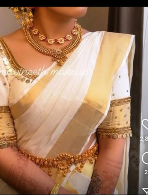 Kerala Saree Aari Work Blouse, Temple Look Kerala Bride, Kasavu Blouse Design, Kasavu Saree Blouse Designs, Set Saree Blouse Designs Kerala, Set Saree Kerala, White Blouse Designs, Kerala Saree Blouse, Actress Photoshoot