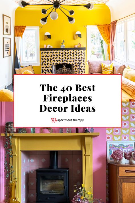 Whether you’ve been blessed with a wood-burning fireplace or have one that’s purely decorative, there are plenty of ways to jazz up your fireplace mantel area during prime cozy season (aka right now!). Bohemian Fireplace Ideas, Colorful Living Room With Fireplace, Brick Fireplace Decor Ideas Living Rooms, Fireplace Maximalist, Colorful Fireplace Mantle, Plain Fireplace Ideas, Eclectic Fireplace Decor, Funky Fireplace Ideas, Apartment Fireplace Decor