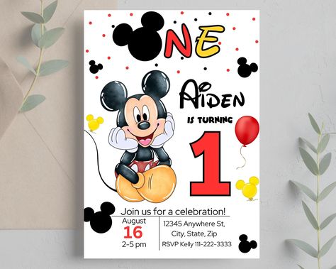 Description: 1st Birthday ONLY! Editable Mickey Mouse Birthday Invitation -This is a DIY (do it yourself) invitation template -Easy to edit birthday template, just add your child's name and age, along with party details! -Instant download, no physical item will be mailed.   Please read the entire listing description for information about this listing. ✨Editable 5x7 Mickey Birthday Invitation. Once this is purchased, you will have instant lifetime access to your birthday invitation! Download the Mickey Mouse First Birthday Invitations, Imprimibles Mickey Mouse, Mickey Mouse Birthday Invitation, Invitation Mickey Mouse, Γενέθλια Mickey Mouse, Mickey Invitations, Mickey First Birthday, Mickey 1st Birthdays, Mickey Mouse Birthday Invitations