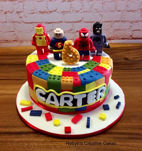 LEGO superhero birthday cake Lego Cakes For Boys, Lego Superhero Cake, Lego Movie Cake, Lego Themed Cake, Batman Birthday Cakes, Lego Birthday Cake, 7th Birthday Party Ideas, Dino Cake, Harry Birthday