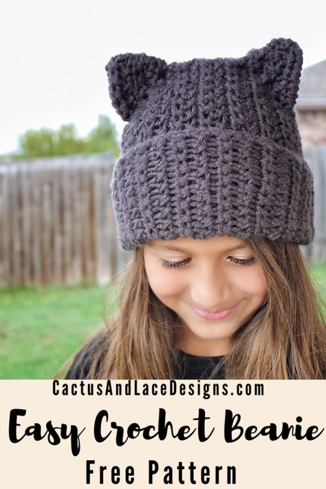 Learn how to make a cute cat ear beanie with this beginner friendly free crochet pattern. Adult and Child sizes. #freecrochetpattern #crochetbeaniepattern #crochethatpattern Yarn Dreads, Cat Hat Pattern, Crochet Beanie Pattern Free, Crochet Animal Hats, Girls Crochet Hats, Crochet Cat Hat, Cat Eared Beanie, Easy Crochet Hat, Crochet Kids Hats