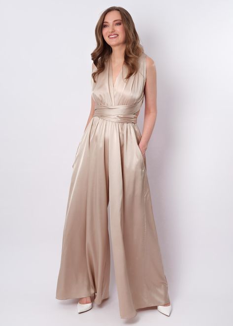 Champagne beige infinity jumpsuit, silk jumpsuit, bridesmaid jumpsuit, multi wrap multiway convertible jumpsuit, bridesmaid dress, silk convertible dress, long ball gown, multiway dress, multiwrap dress Champagne Bridesmaid Dresses Silk, Champagne Bridesmaid Jumpsuit, Gender Neutral Bridesmaid Outfit, Champagne Jumpsuit Wedding, Groomswoman Outfit, Groomswoman Attire Outfit Ideas, Pantsuit Bridesmaid, Jumpsuit Bridesmaid Dresses, Champagne Jumpsuit