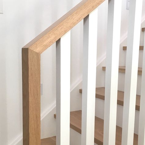 Allie Blackwell on Instagram: “Reveal of the custom stairs for the Chatswood job! Oak treads with square nosings, mitred joins between posts and handrail, square…” Square Handrail, Inset Handrail, Recessed Stair Handrail, Square Stair Spindles, Oak Handrails For Stairs, Stairs, Square, Instagram