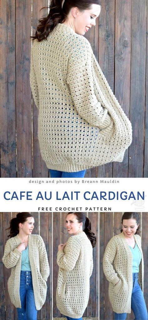 Cafe Au Lait Cardigan - Free Crochet Pattern Free Crochet Ladies Cardigan Patterns, Light Weight Crochet Cardigan, Hexi Cardigan, Crochet Cardigan Pattern Free Women, Jaket Crochet, Cardigans Crochet, Crochet Shirts, Crochet Cardigan Pattern Free, Gilet Crochet