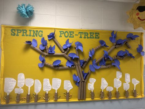 Poetry bulletin board Poetry Bulletin Board Ideas, Monthly Bulletin Board Ideas, Bulletin Boards Ra, Poetry Month Bulletin Board, Poetry Bulletin Board, Poetry Decor, Creative Book Report, April Bulletin Boards, November Bulletin Boards