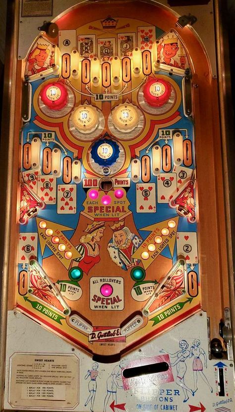 Gottlieb didn't make many pinball machines with five pop bumpers (Williams produced relatively more), but this is one of the few. I believe this was the final Gottlieb release with a playfield gobble hole, but it doesn't hurt so much if you've got one or more specials lit. Seen in the pinside.com Marketplace September 2021. Flipper Pinball, Pinball Art, Trucking Company, Pinball Game, Pinball Machines, Point Light, Sweet Hearts, York Pa, Free Play