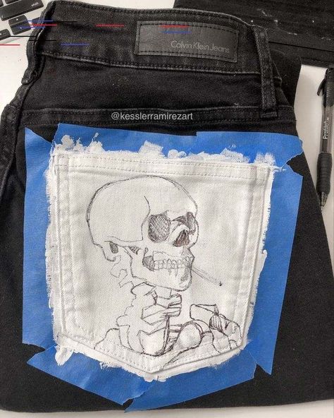 Van Gogh Skull Painting, Painting On Denim, Van Gogh Skull, Painted Clothes Diy, Vincent Van Gogh Paintings, Diy Jeans, Denim Art, Painted Denim Jacket, Painted Jacket