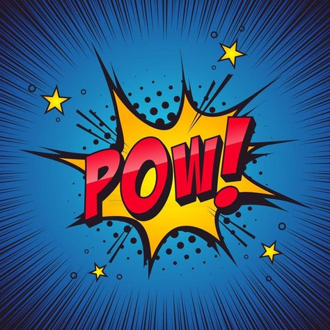 POW, sound effect. Comic book theme. Pow Comic Art, Comic Words Art, Superhero Comic Art Style, Comic Book Sound Effects, Comic Book Aesthetic, Comic Words, Spiderman Comic Book, Comic Book Theme, Comic Book Font