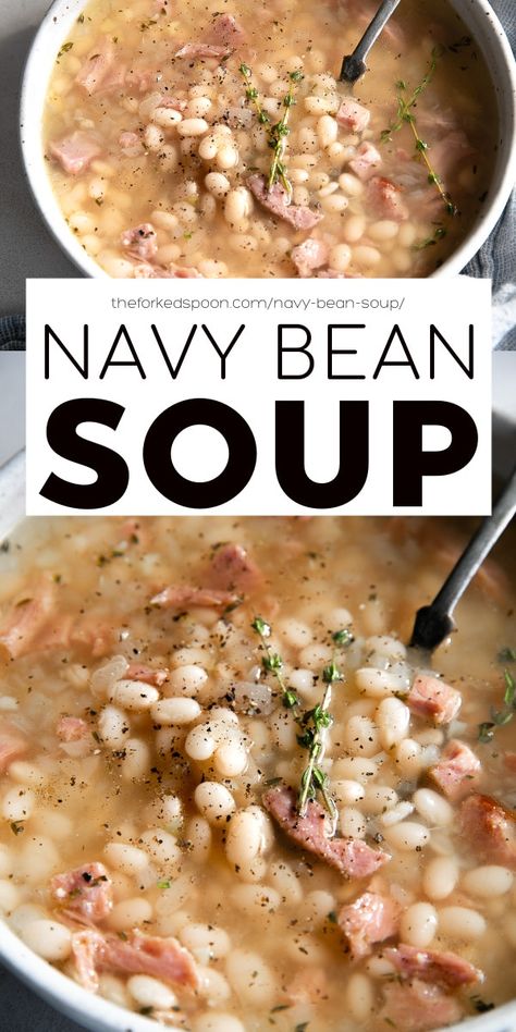 This Navy Bean Soup with Ham is a simple, hearty, and flavorful bean soup recipe filled with leftover ham and tender cooked navy beans. Perfect for lunch or dinner with a side of buttery bread. Southern Navy Beans And Ham, Navy Bean Ham Bone Soup, Navy Bean And Sausage Soup, Navy Bean And Ham Soup Stove Top, Navy Bean And Ham Soup Crockpot, Crockpot Navy Bean And Ham Soup, Navy Bean Soup With Ham Bone, Ham And Navy Bean Soup Recipes, Navy Beans And Sausage