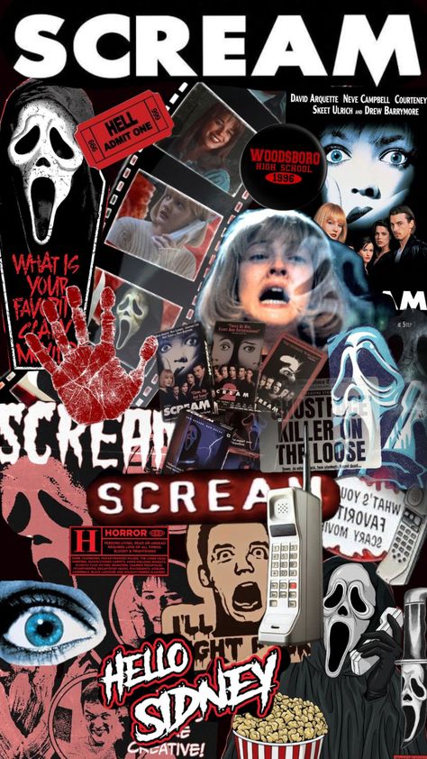 scream 1996 collage Scream 4 Wallpaper, 1996 Scream, Scream Moodboard, Scream Lockscreen Aesthetic, Slasher Aesthetic Wallpaper, Scream Collage, Horror Movie Collage, Scream Movie Wallpaper, Scream 1996 Wallpaper