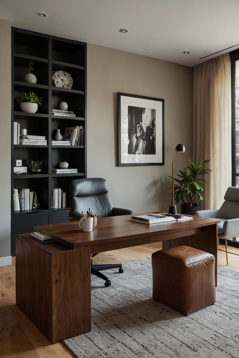 Modern Minimalist Workspace, Home Office Inspo Masculine, Modern Office Men, Transitional Home Office Design, Rustic Modern Office Design, Modern Home Office Design Inspiration, Modern Office Built Ins, Cozy Corporate Office, Clean Office Design