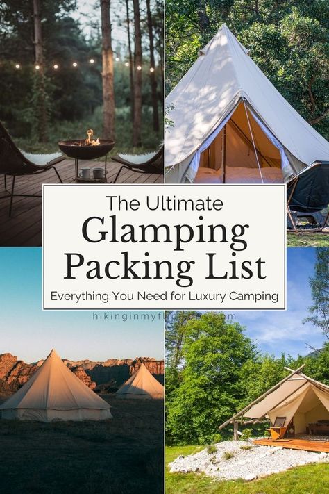 images of various glamping tents and two chairs set up by a fire in a portable firepit Glamping List Packing Checklist, Glamping Must Haves Products, Glamping Essentials Packing Lists, Glamping In A Tent, Glamping List, Glamping Necessities, Glamping Must Haves, Glamping Checklist, Glamping Activities