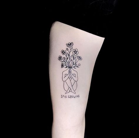 Flowers Coming Out Of Head, Still Growing Tattoos, Still Growing Tattoo, Growing Tattoo, Minimal Inspiration, August Flowers, Dragon Tattoo For Women, Head Tattoo, Inspiration Tattoos