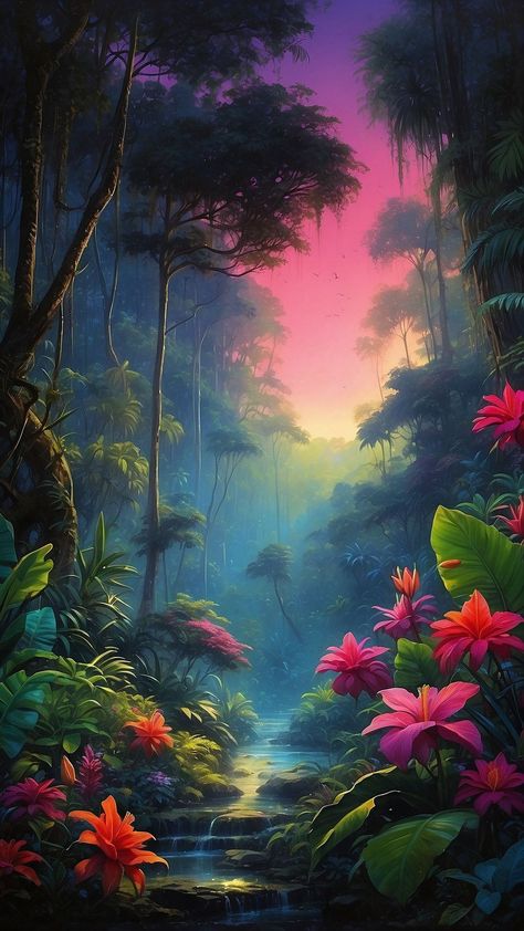 Colorful Art Paintings, Neon Jungle, Jungle Forest, Surreal Scenes, Dense Forest, Beautiful Scenery Photography, Forest Sunset, Wallpaper Flowers, Jungle Wallpaper