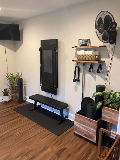 Gym Interior Home Fitness Rooms, Tonal Gym Design, Full Length Mirror For Gym, Tonal Home Gym Set Up, Home Gym Accessories Storage, Gym And Lounge Room, Small Yoga Area At Home, Gym And Family Room Combo, Flex Room Ideas Small Office